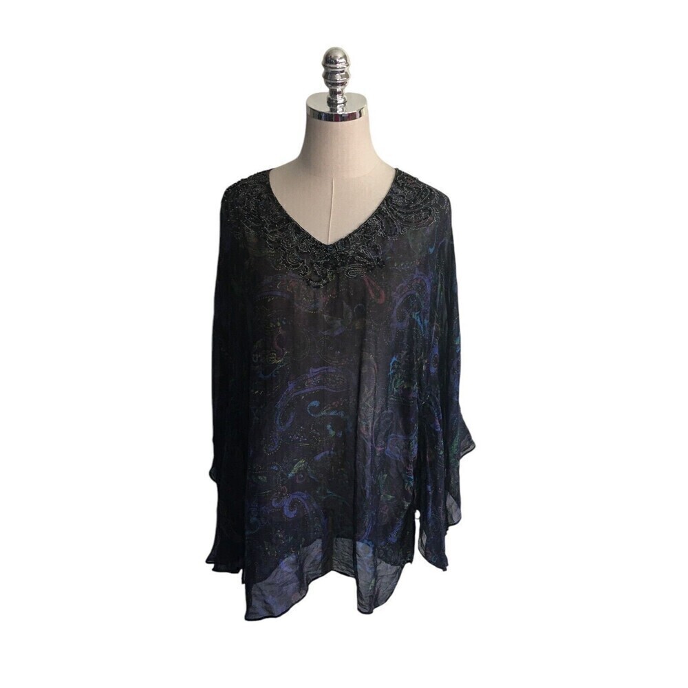 Chico's Top Women's Size Medium / Large Sheer Silk Black Paisley Long Sleeve
